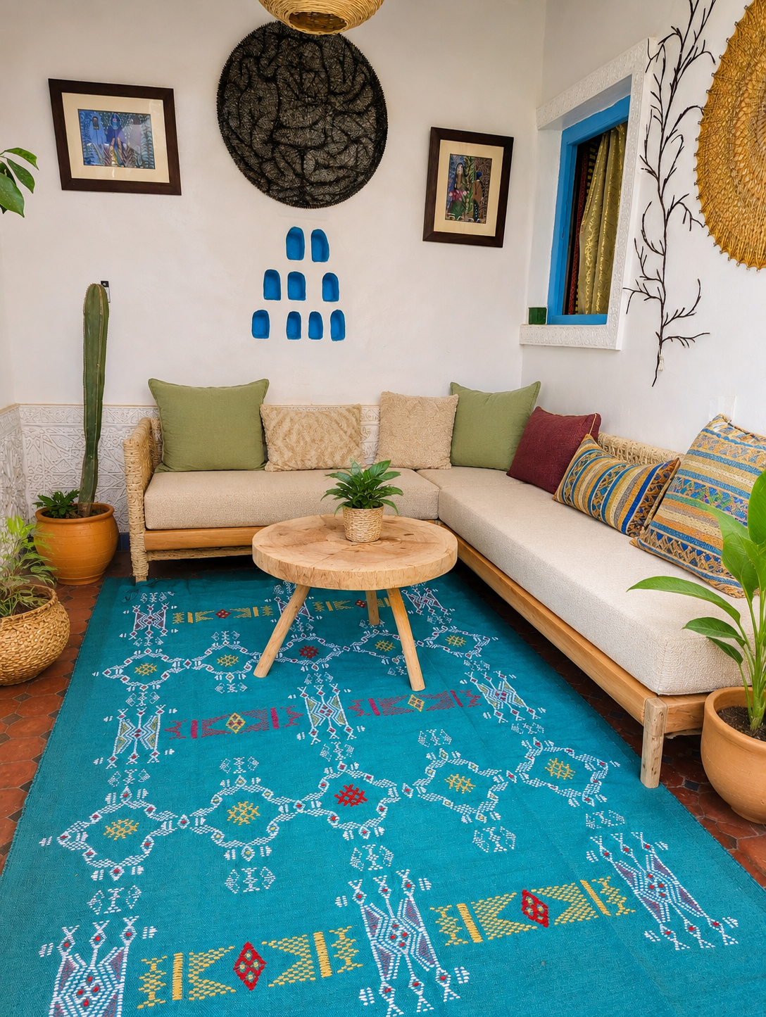 Authentic Berber Kilim Rug — Teal, Atlas Mountains, 250 x 160 cm