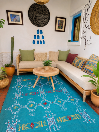 Authentic Berber Kilim Rug — Teal, Atlas Mountains, 250 x 160 cm