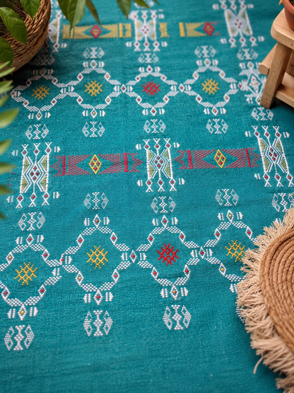 Authentic Berber Kilim Rug — Teal, Atlas Mountains, 250 x 160 cm