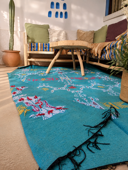 Authentic Berber Kilim Rug — Teal, Atlas Mountains, 250 x 160 cm