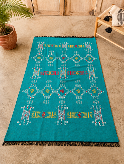Authentic Berber Kilim Rug — Teal, Atlas Mountains, 250 x 160 cm