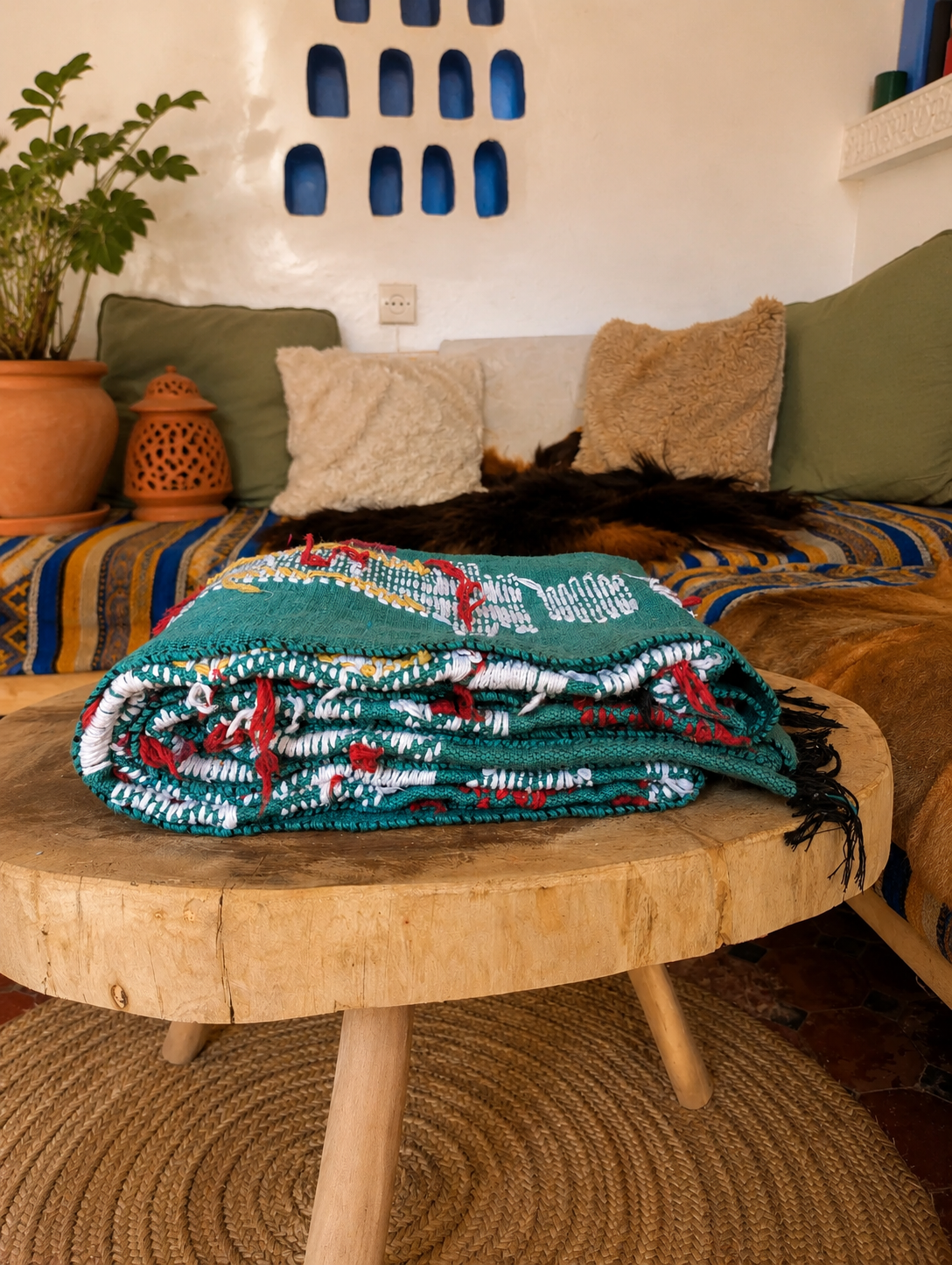 Authentic Berber Kilim Rug — Teal, Atlas Mountains, 250 x 160 cm